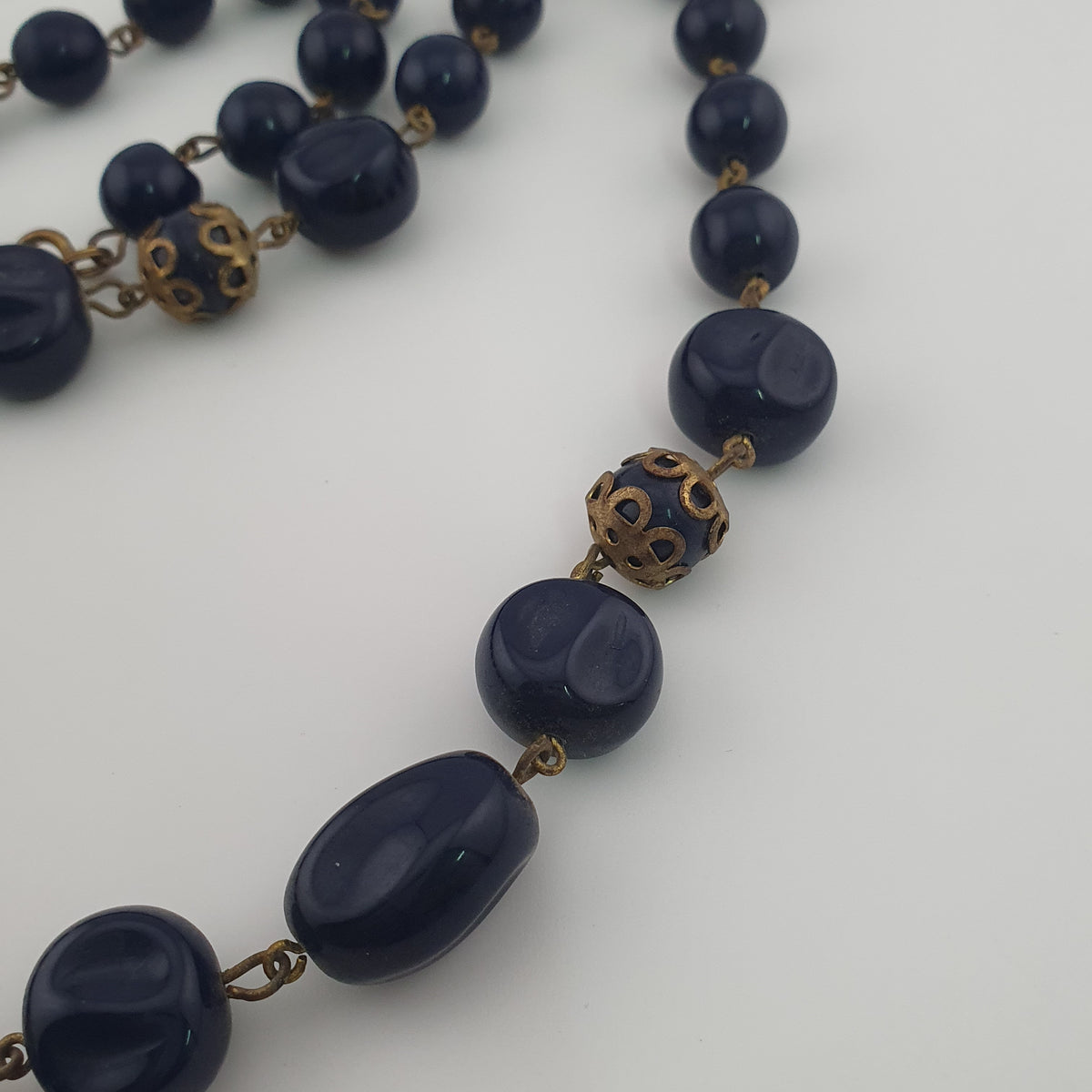 Antique African Style Cobalt Blue Glass & Brass Beads Long Necklace