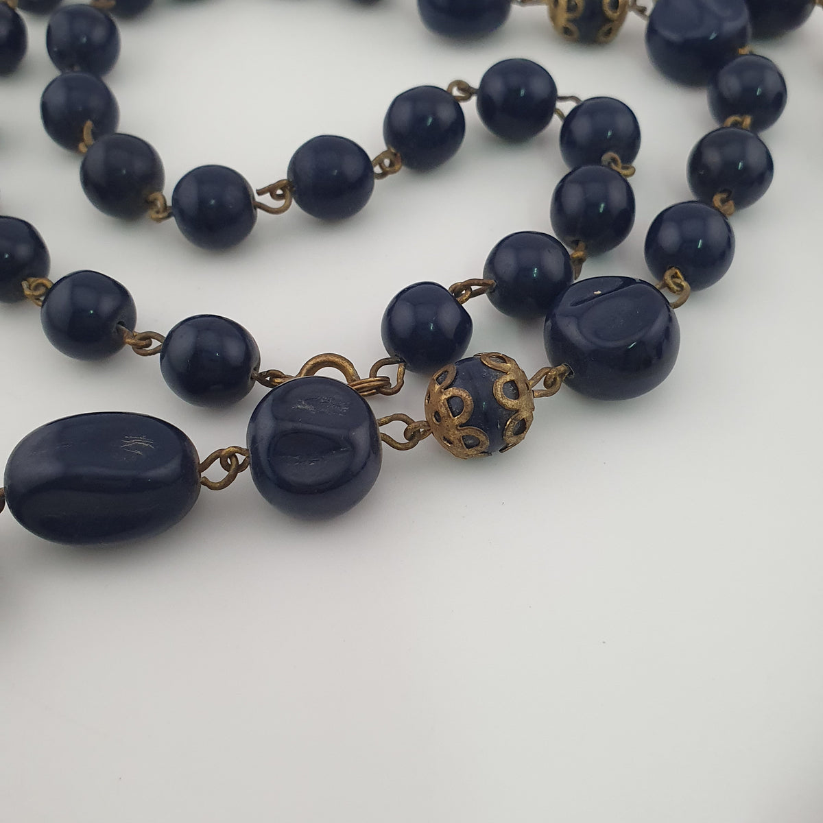 Antique African Style Cobalt Blue Glass & Brass Beads Long Necklace