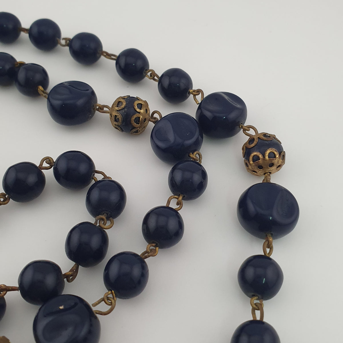 Antique African Style Cobalt Blue Glass & Brass Beads Long Necklace