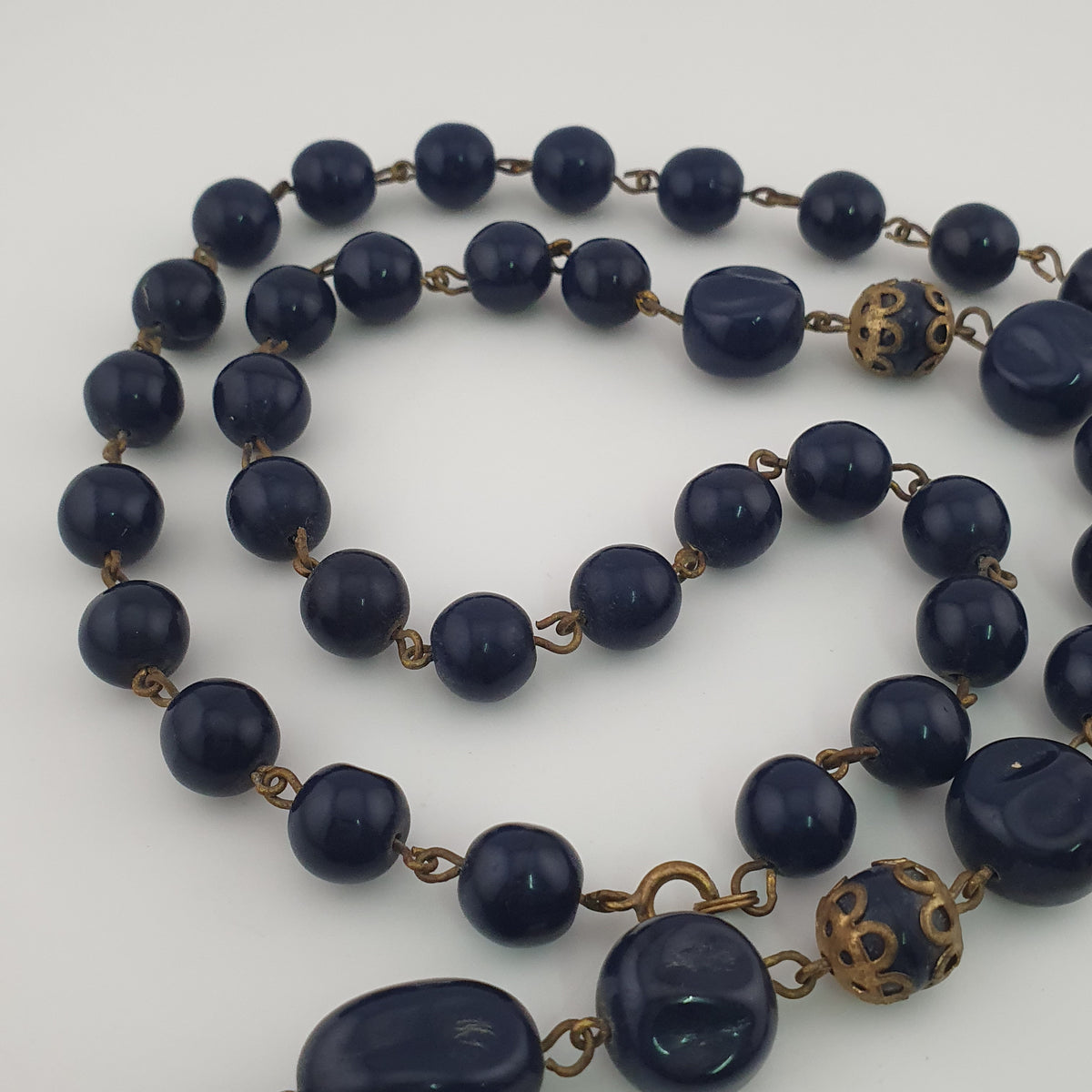 Antique African Style Cobalt Blue Glass & Brass Beads Long Necklace