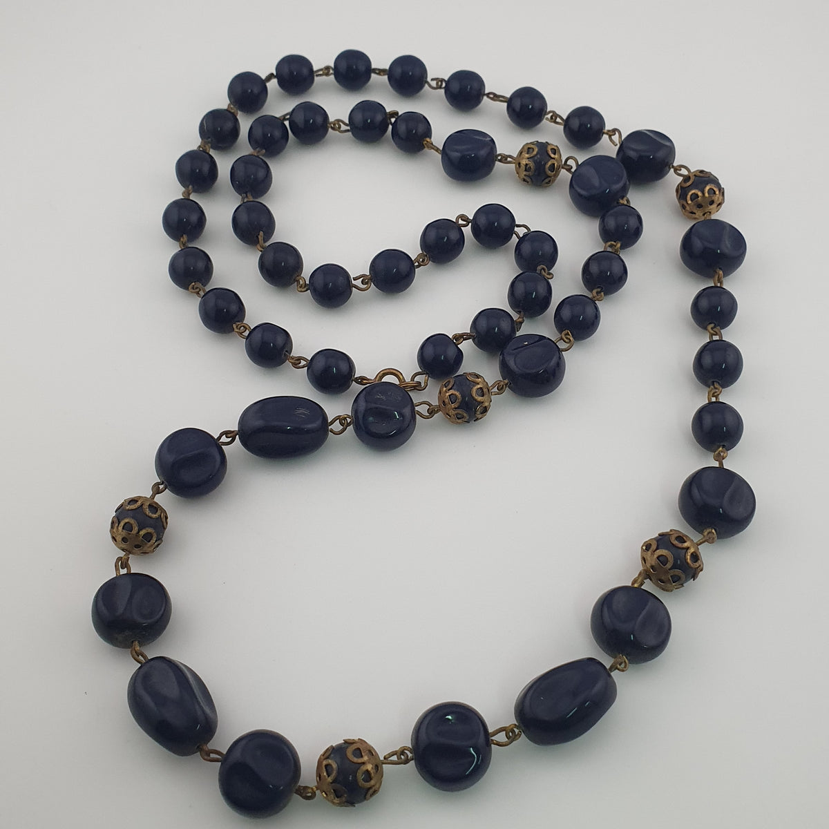 Antique African Style Cobalt Blue Glass & Brass Beads Long Necklace