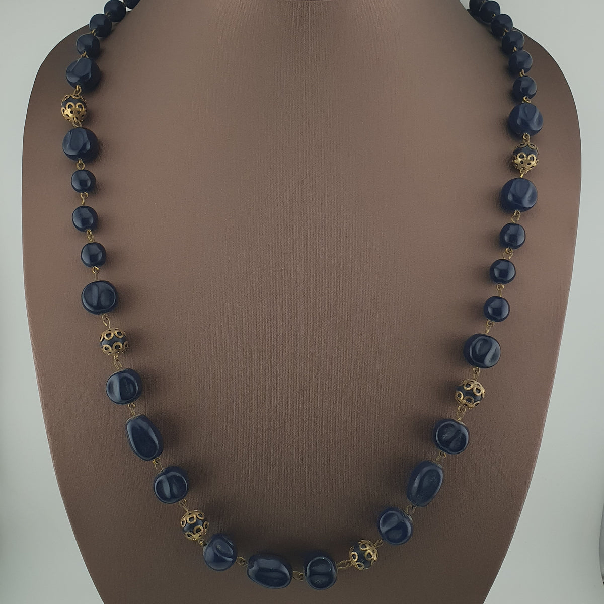 Antique African Style Cobalt Blue Glass & Brass Beads Long Necklace