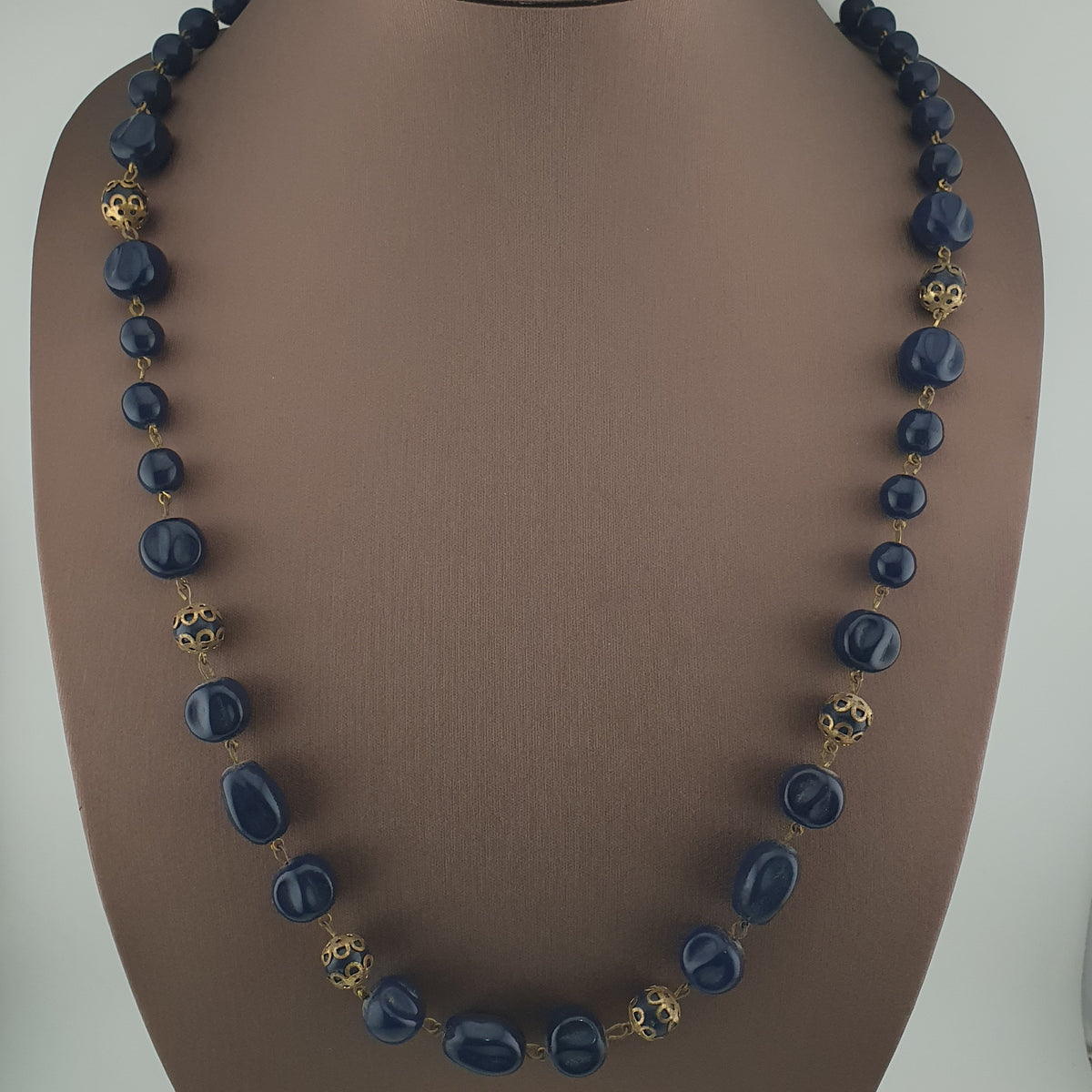 Antique African Style Cobalt Blue Glass & Brass Beads Long Necklace
