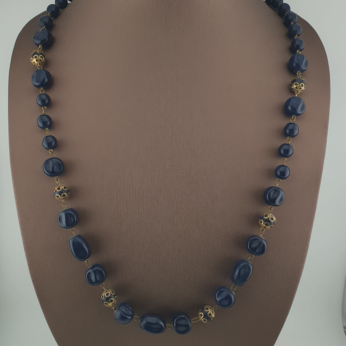 Antique African Style Cobalt Blue Glass & Brass Beads Long Necklace