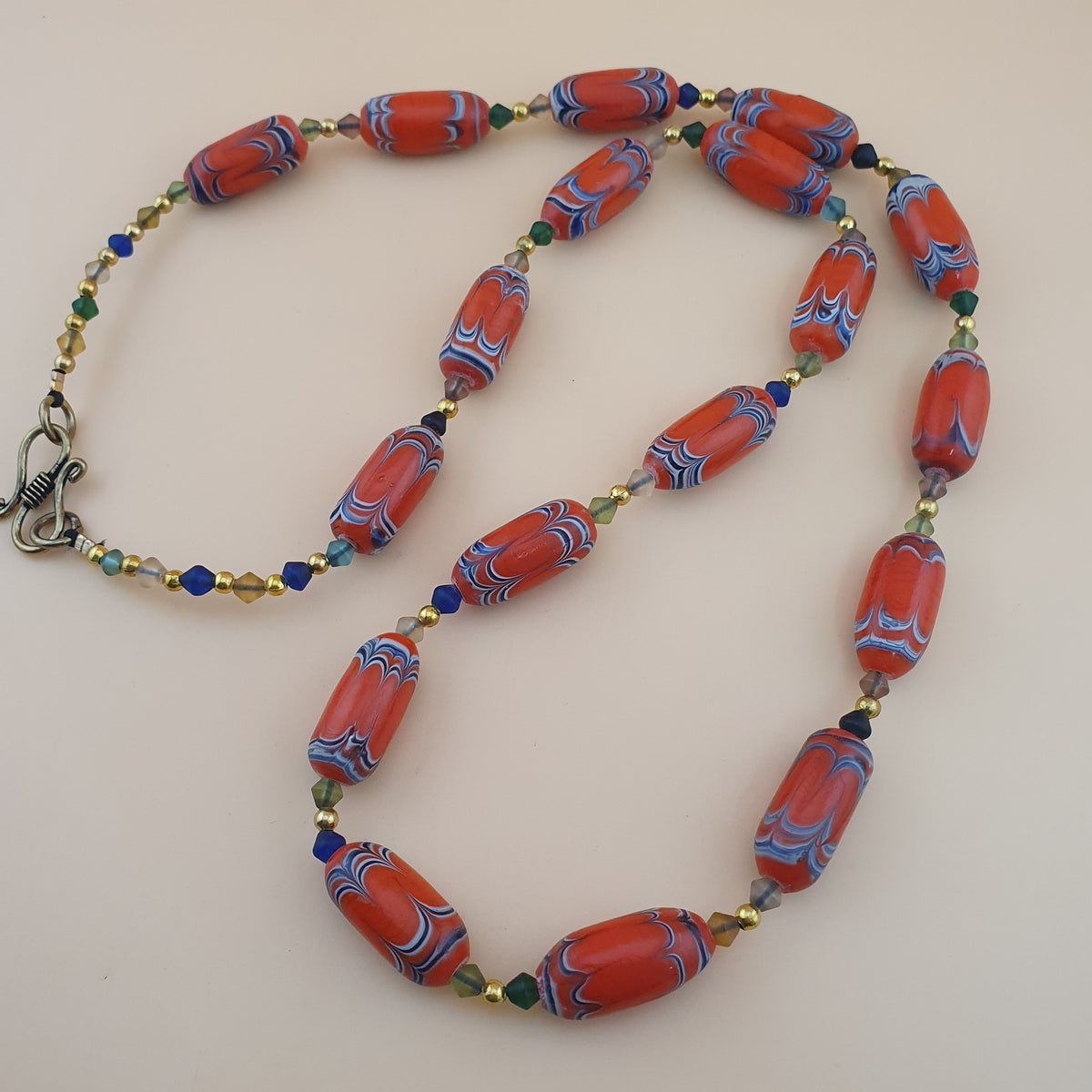 Vintage Venetian African Style Feather Desgin Orange Glass Beads Necklace
