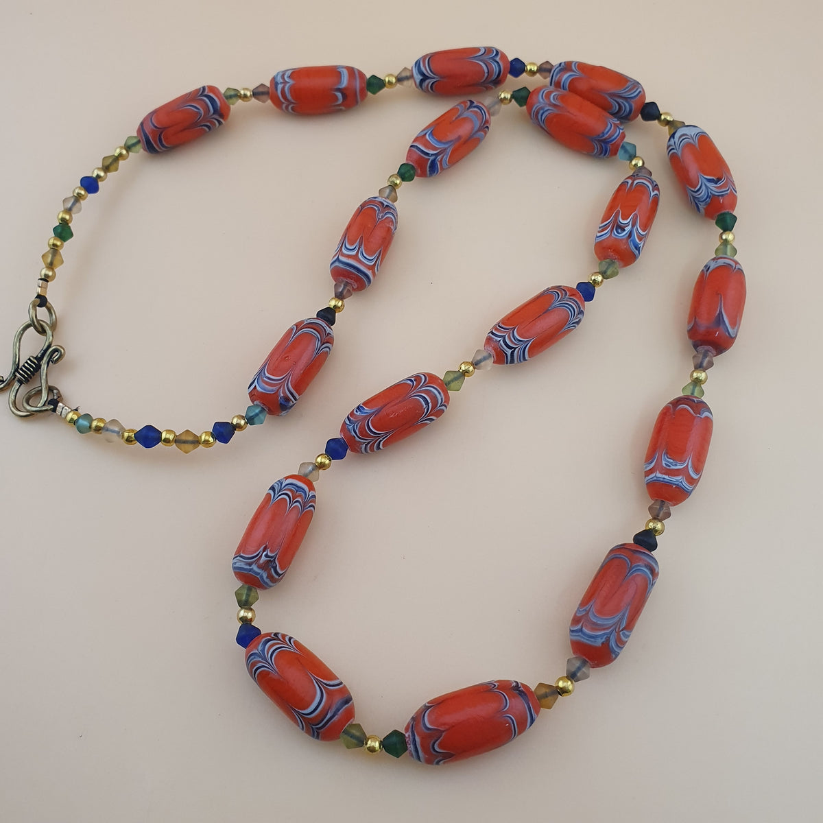 Vintage Venetian African Style Feather Desgin Orange Glass Beads Necklace