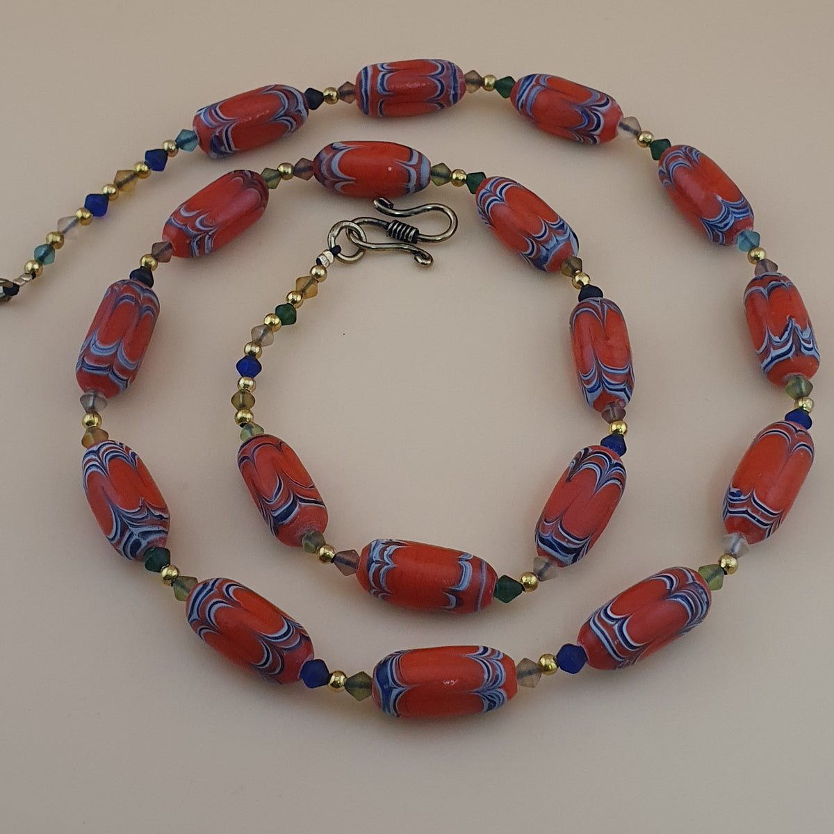 Vintage Venetian African Style Feather Desgin Orange Glass Beads Necklace
