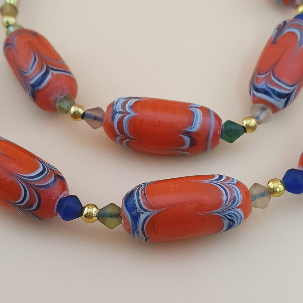 Vintage Venetian African Style Feather Desgin Orange Glass Beads Necklace
