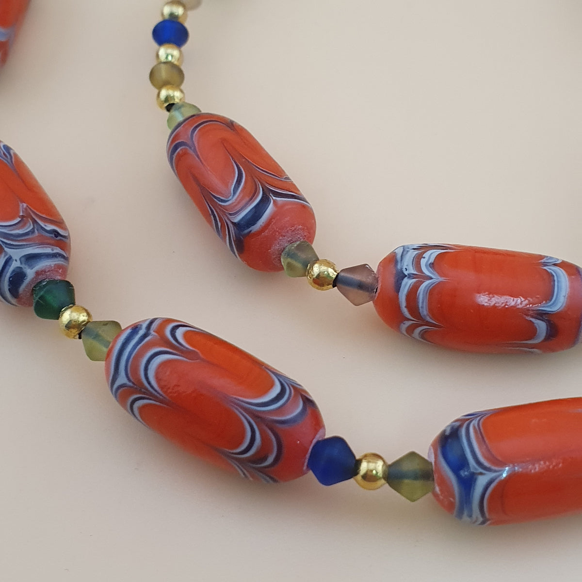 Vintage Venetian African Style Feather Desgin Orange Glass Beads Necklace