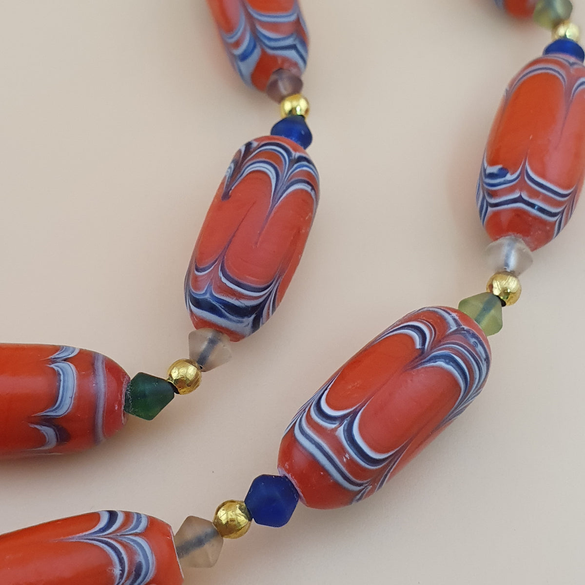 Vintage Venetian African Style Feather Desgin Orange Glass Beads Necklace