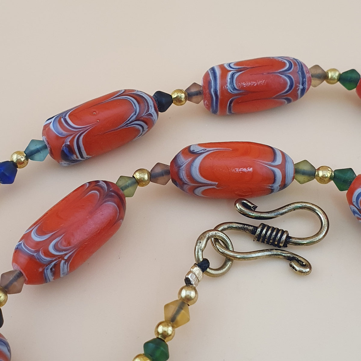 Vintage Venetian African Style Feather Desgin Orange Glass Beads Necklace