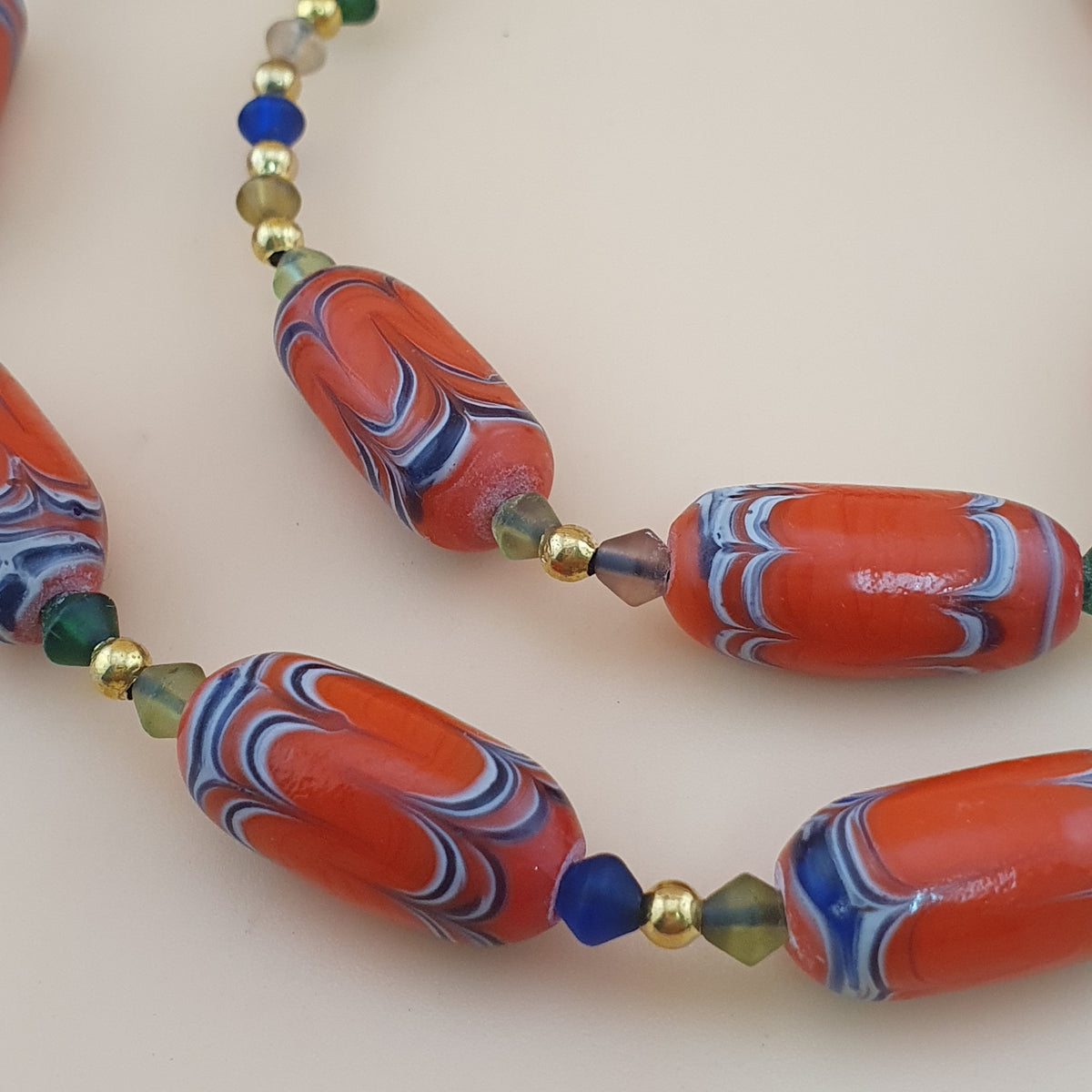 Vintage Venetian African Style Feather Desgin Orange Glass Beads Necklace
