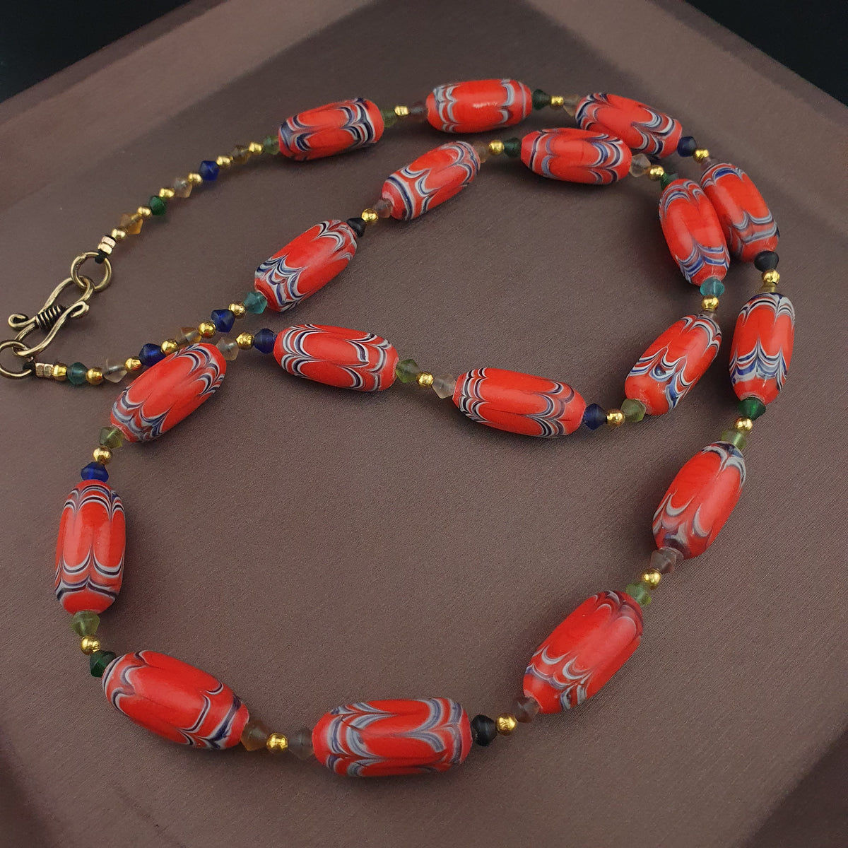 Vintage Venetian African Style Feather Desgin Orange Glass Beads Necklace