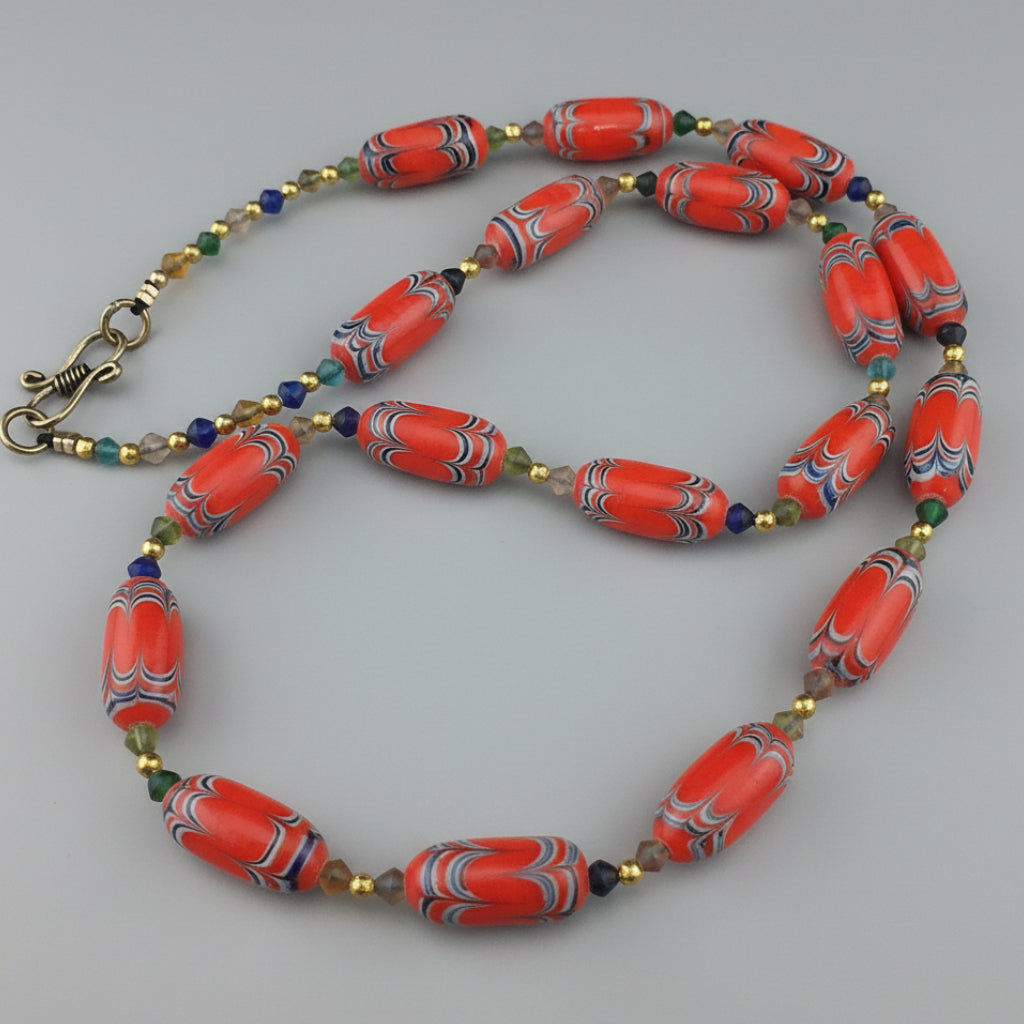 Vintage Venetian African Style Feather Desgin Orange Glass Beads Necklace