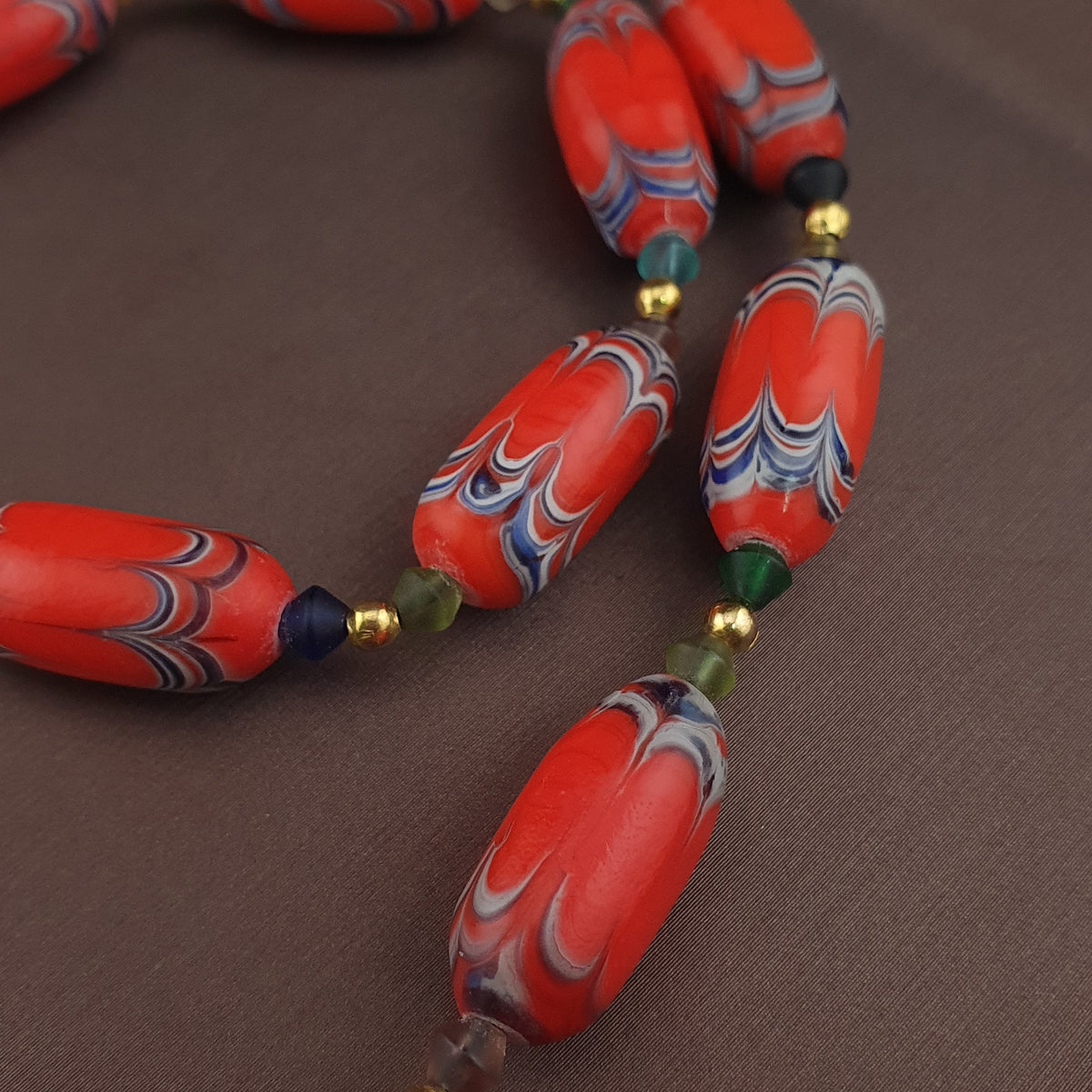 Vintage Venetian African Style Feather Desgin Orange Glass Beads Necklace