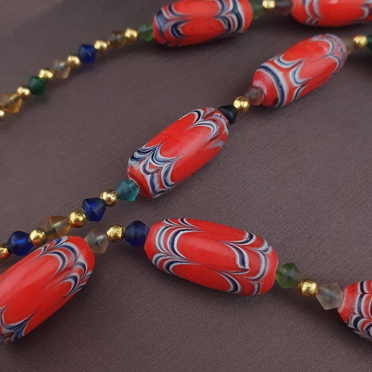 Vintage Venetian African Style Feather Desgin Orange Glass Beads Necklace