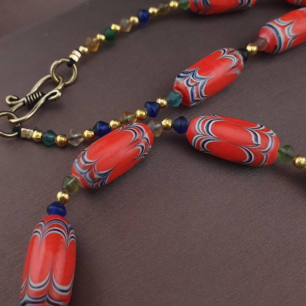 Vintage Venetian African Style Feather Desgin Orange Glass Beads Necklace