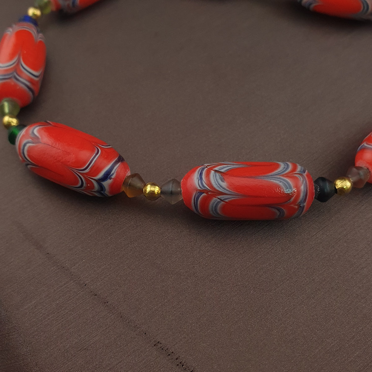 Vintage Venetian African Style Feather Desgin Orange Glass Beads Necklace