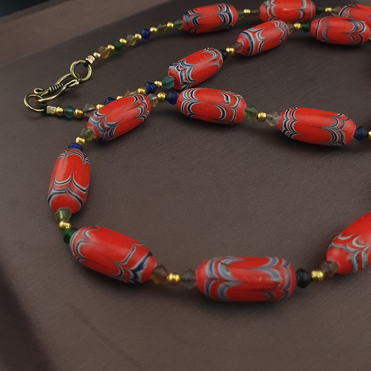 Vintage Venetian African Style Feather Desgin Orange Glass Beads Necklace