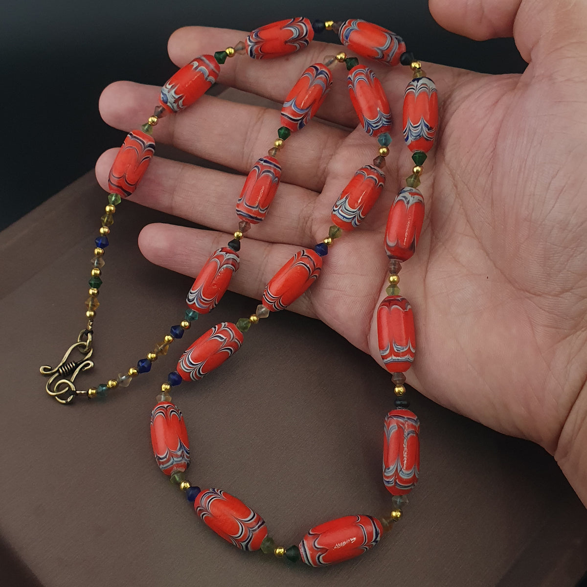 Vintage Venetian African Style Feather Desgin Orange Glass Beads Necklace