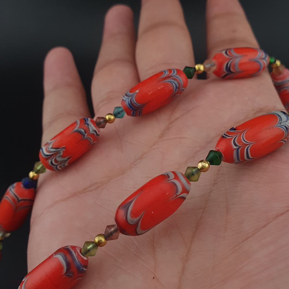 Vintage Venetian African Style Feather Desgin Orange Glass Beads Necklace