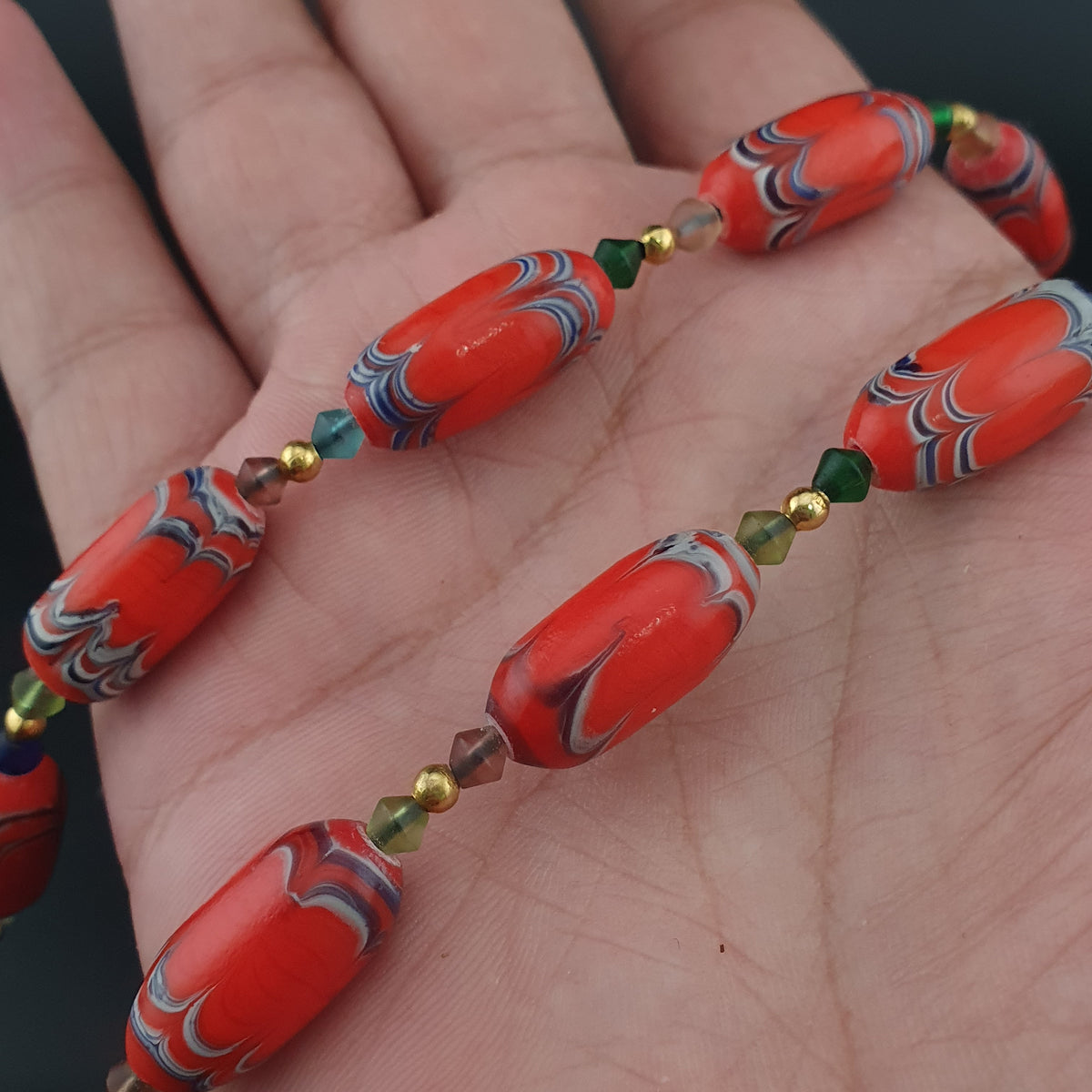 Vintage Venetian African Style Feather Desgin Orange Glass Beads Necklace