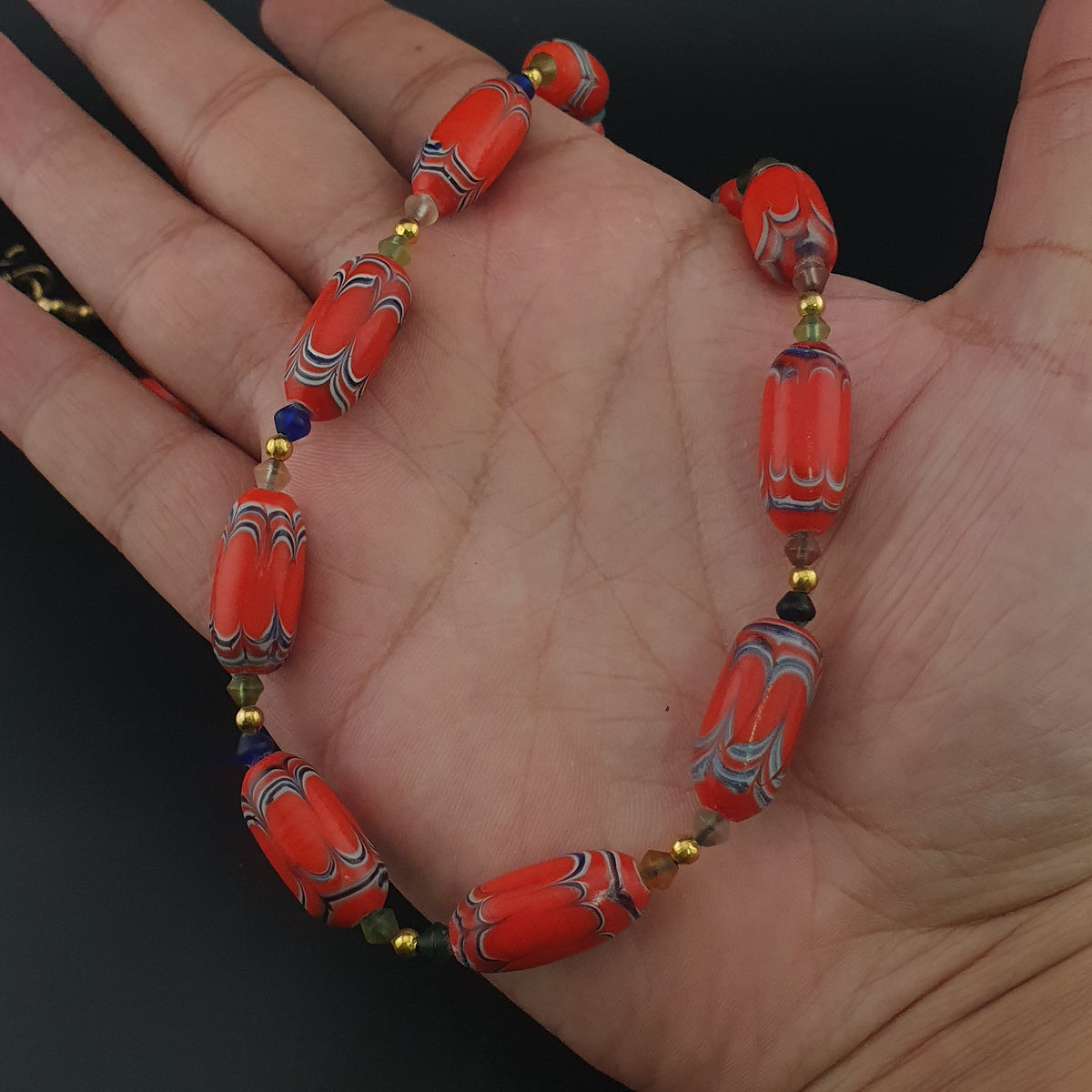 Vintage Venetian African Style Feather Desgin Orange Glass Beads Necklace