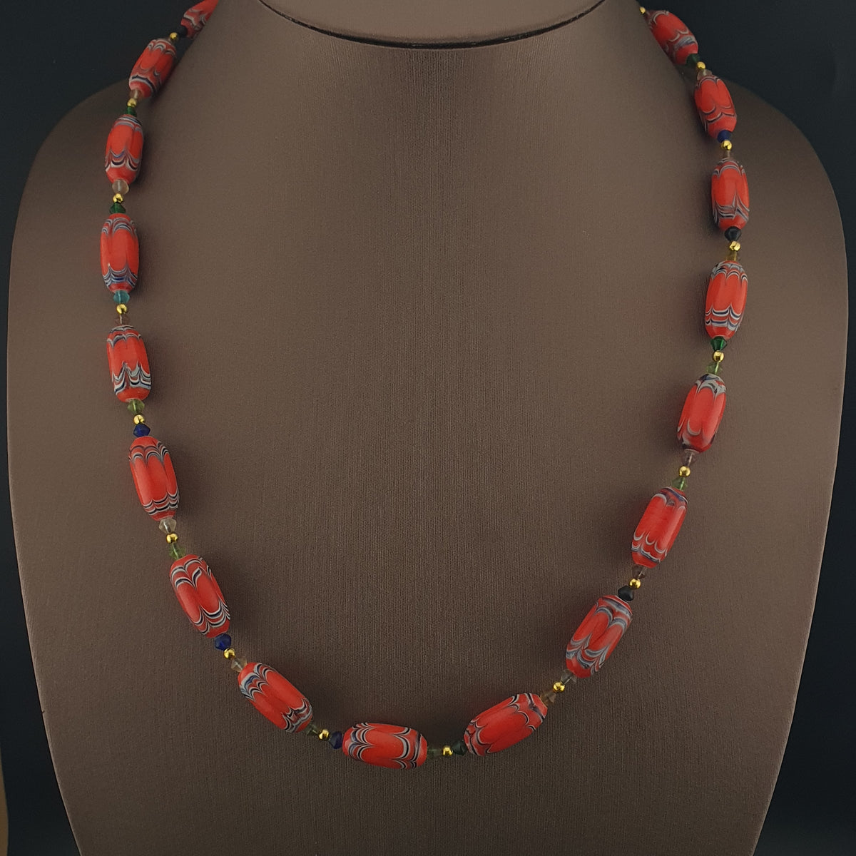 Vintage Venetian African Style Feather Desgin Orange Glass Beads Necklace