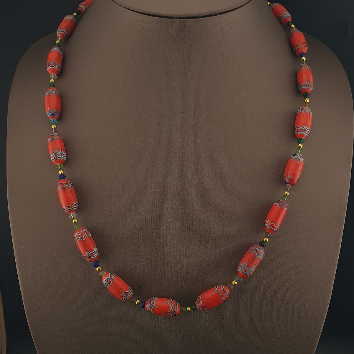 Vintage Venetian African Style Feather Desgin Orange Glass Beads Necklace