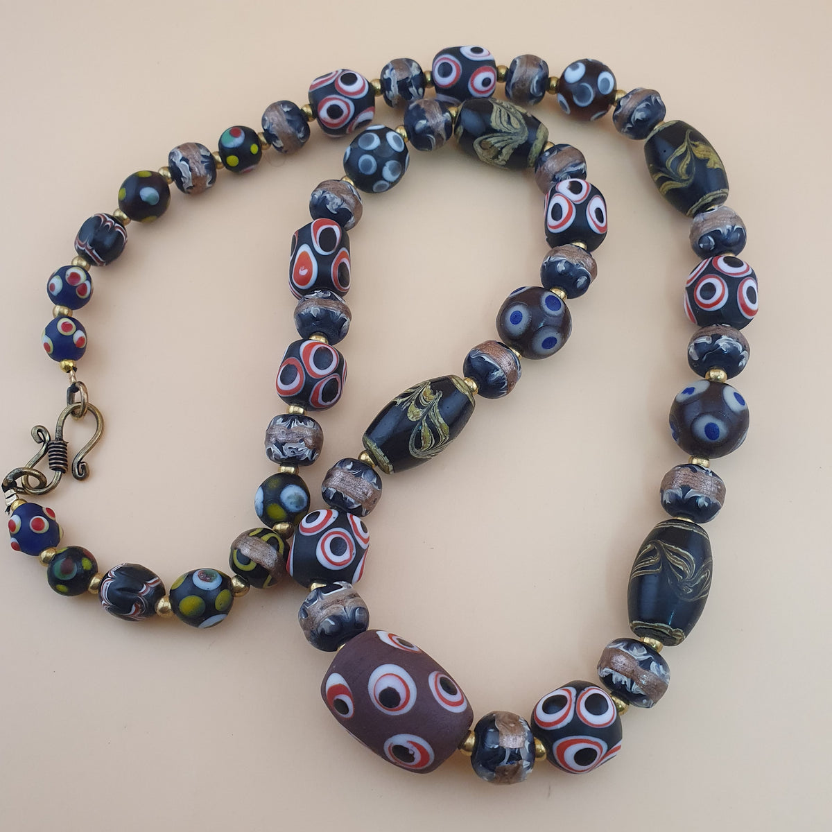 Antique Venetian Style Skunk Eyes & Mix Glass Beads Necklace