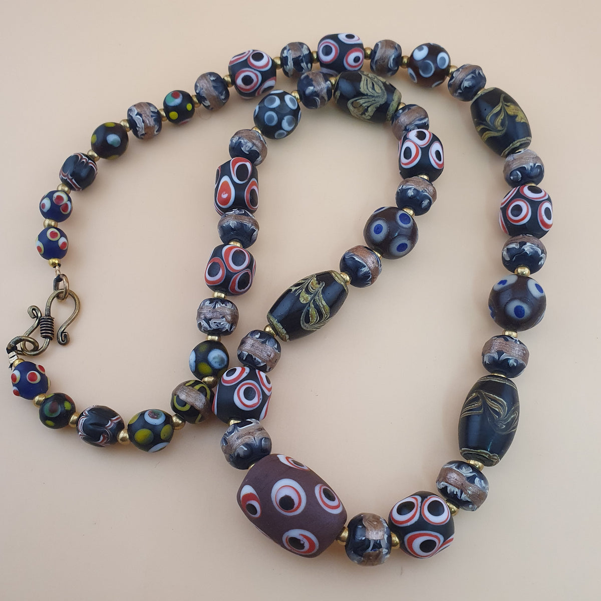 Antique Venetian Style Skunk Eyes & Mix Glass Beads Necklace