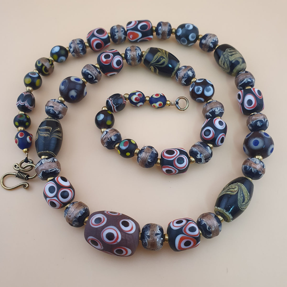 Antique Venetian Style Skunk Eyes & Mix Glass Beads Necklace