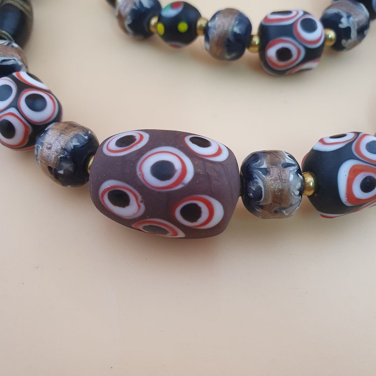 Antique Venetian Style Skunk Eyes & Mix Glass Beads Necklace
