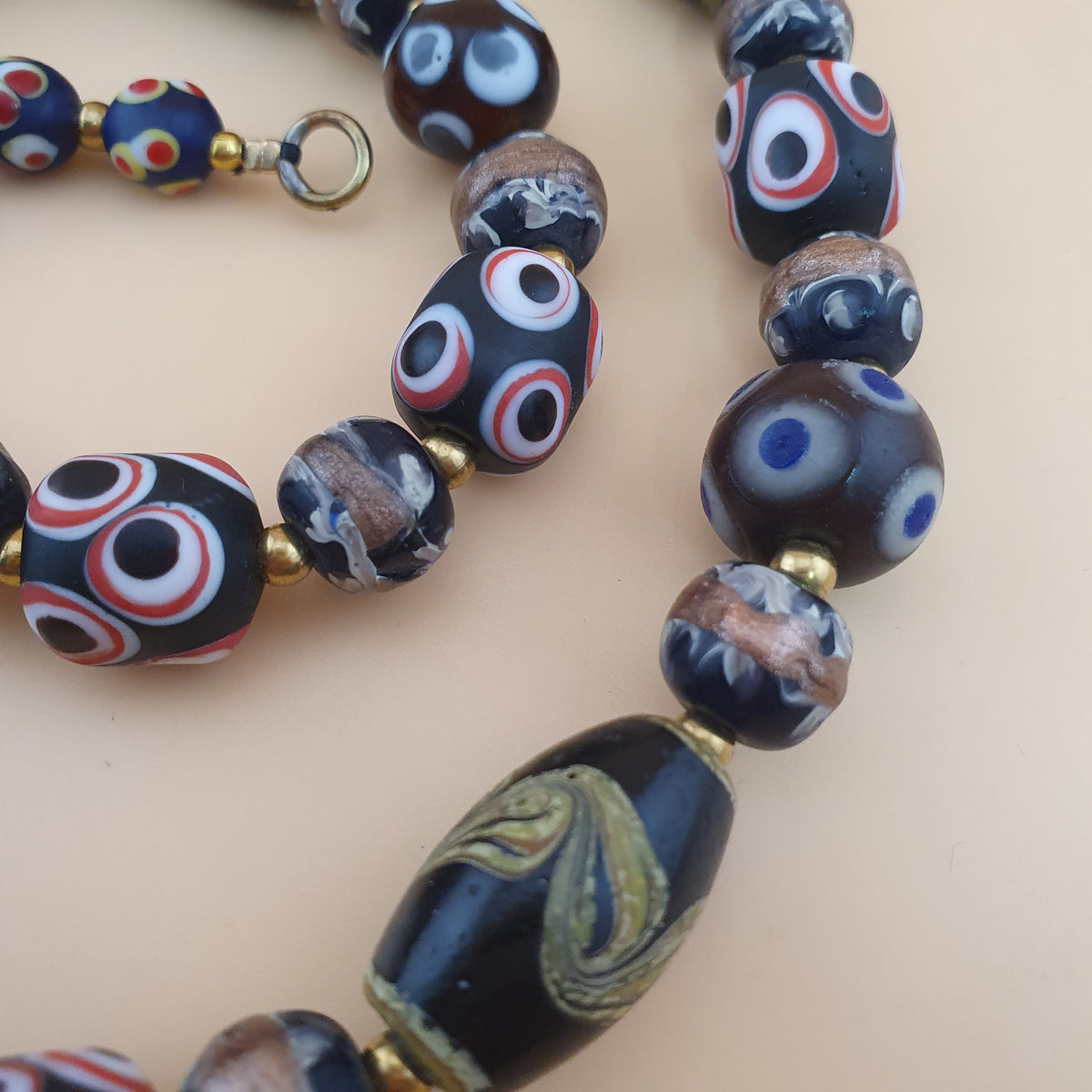 Antique Venetian Style Skunk Eyes & Mix Glass Beads Necklace