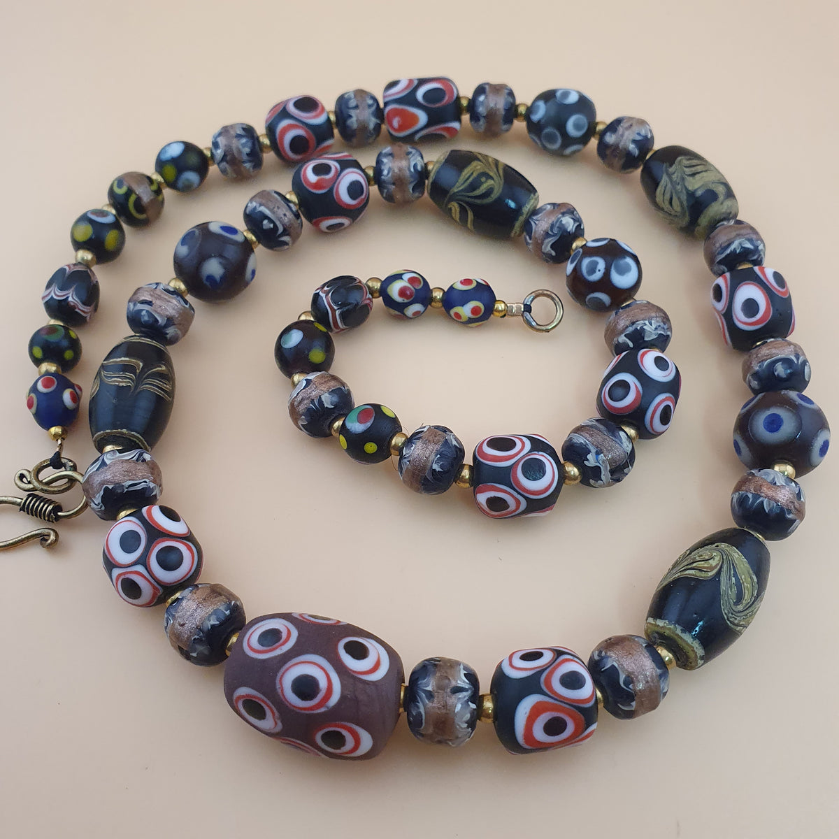 Antique Venetian Style Skunk Eyes & Mix Glass Beads Necklace