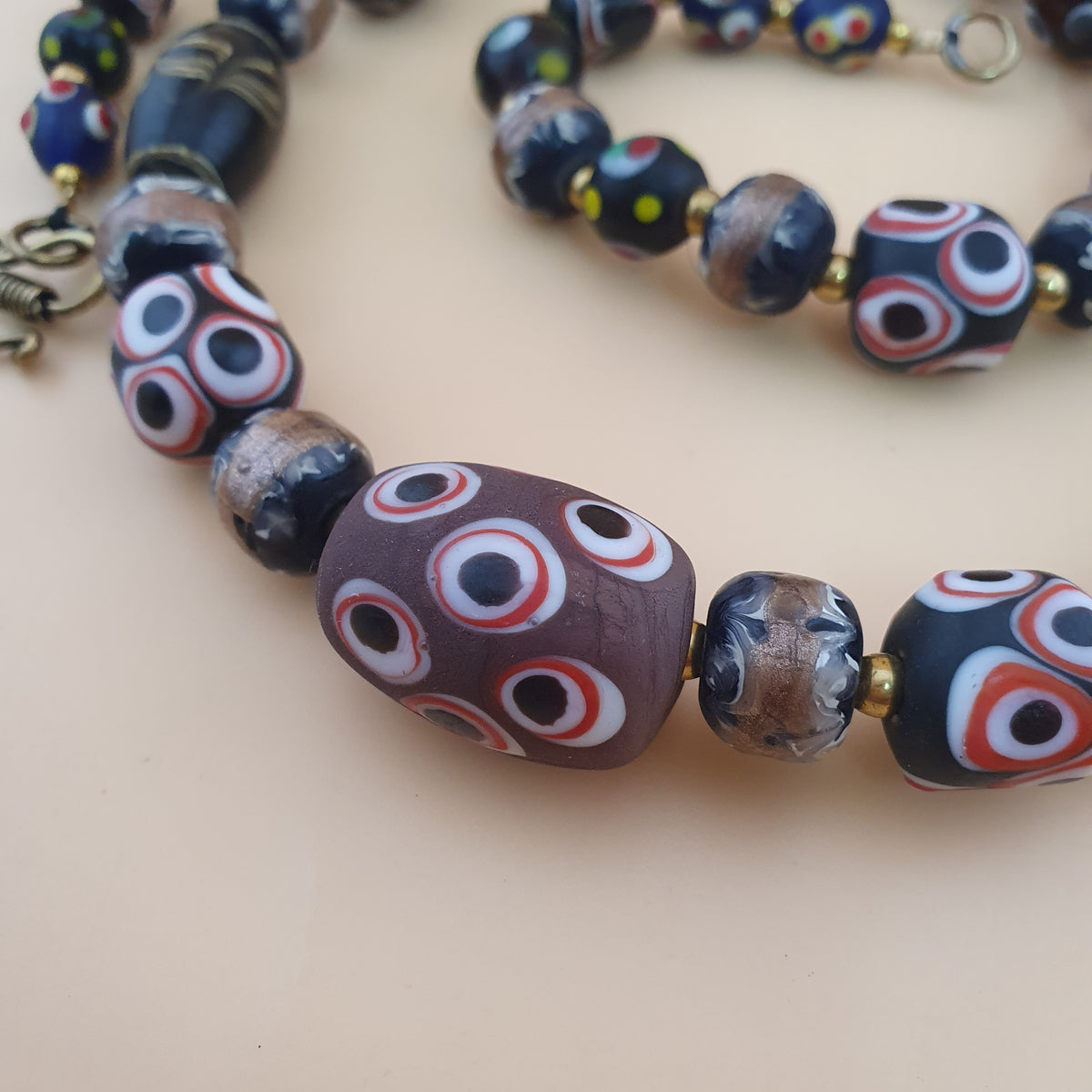 Antique Venetian Style Skunk Eyes & Mix Glass Beads Necklace