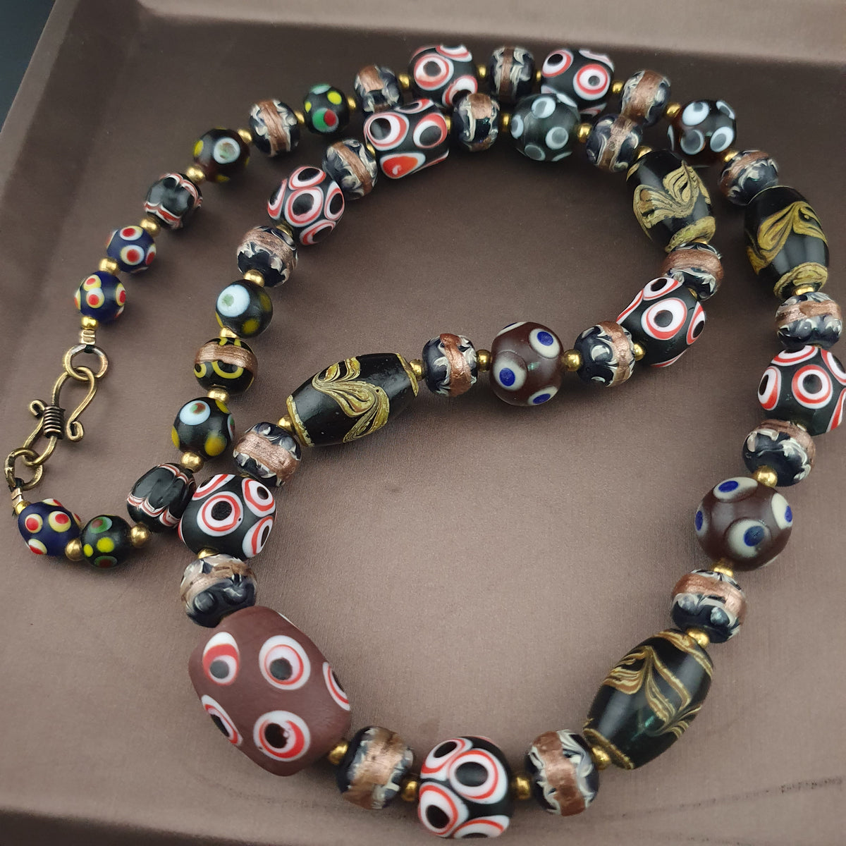 Antique Venetian Style Skunk Eyes & Mix Glass Beads Necklace