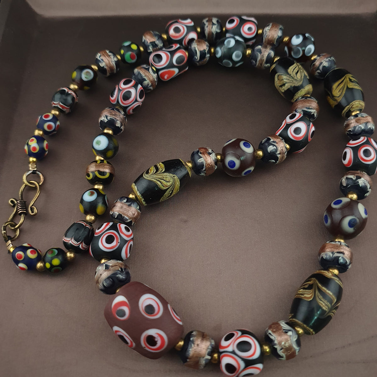 Antique Venetian Style Skunk Eyes & Mix Glass Beads Necklace