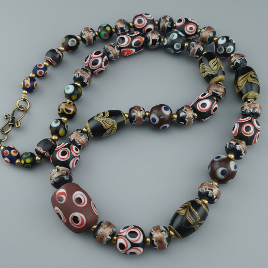 Antique Venetian Style Skunk Eyes & Mix Glass Beads Necklace
