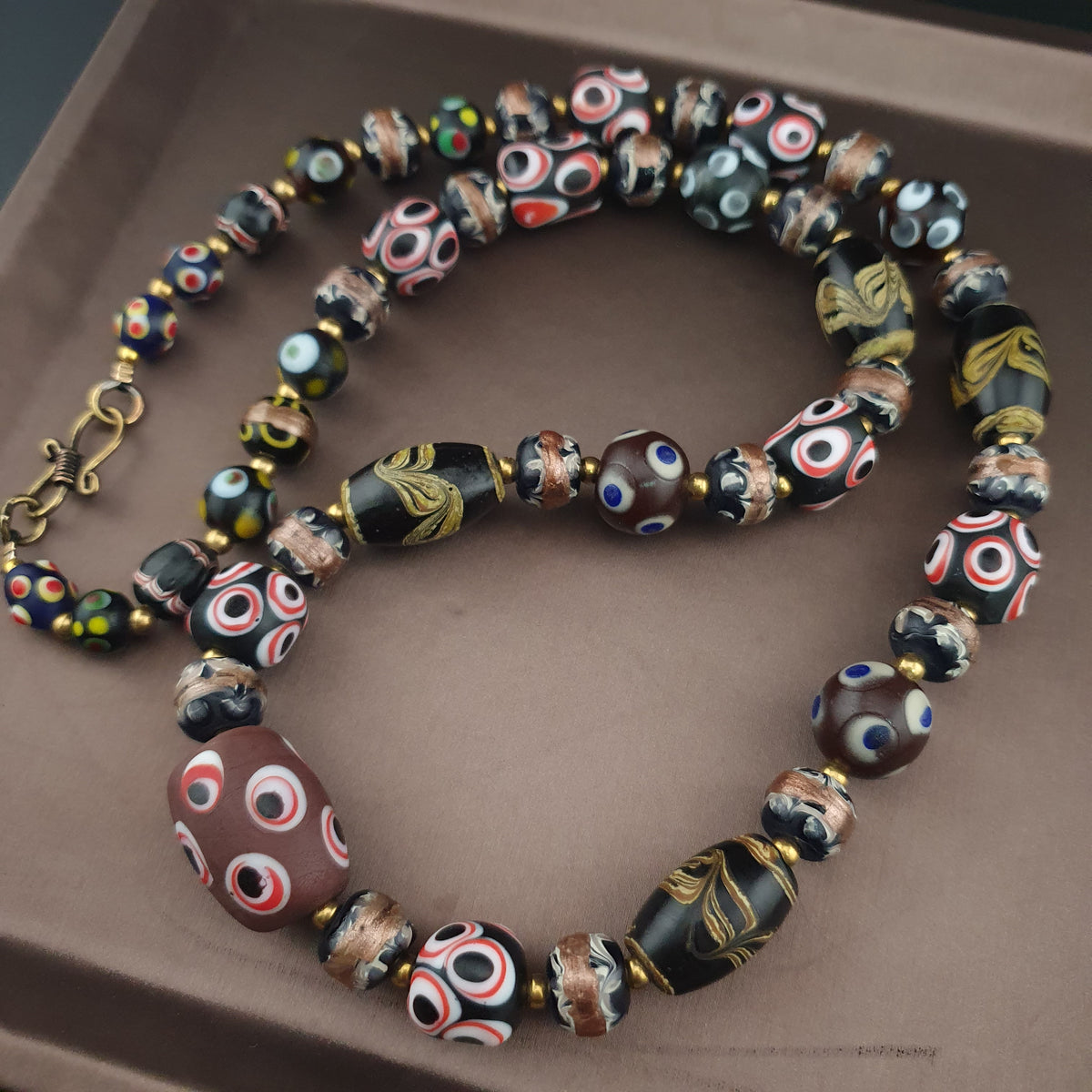 Antique Venetian Style Skunk Eyes & Mix Glass Beads Necklace