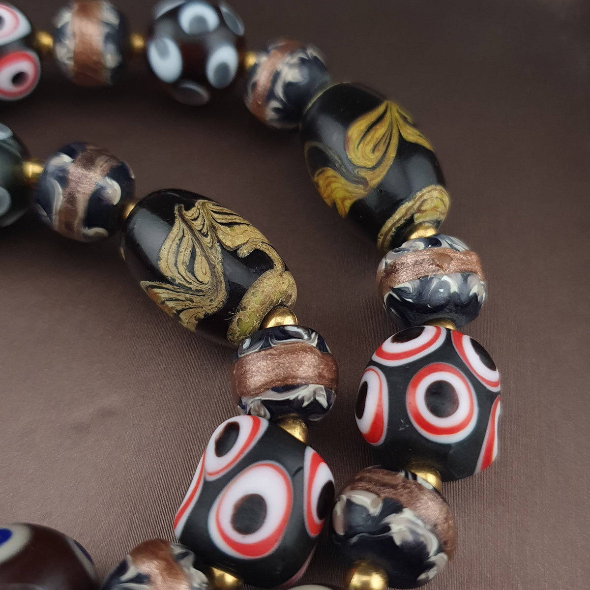 Antique Venetian Style Skunk Eyes & Mix Glass Beads Necklace