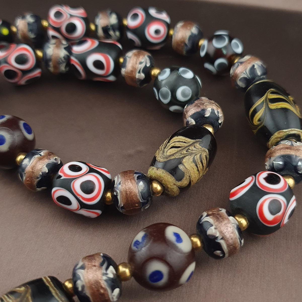 Antique Venetian Style Skunk Eyes & Mix Glass Beads Necklace