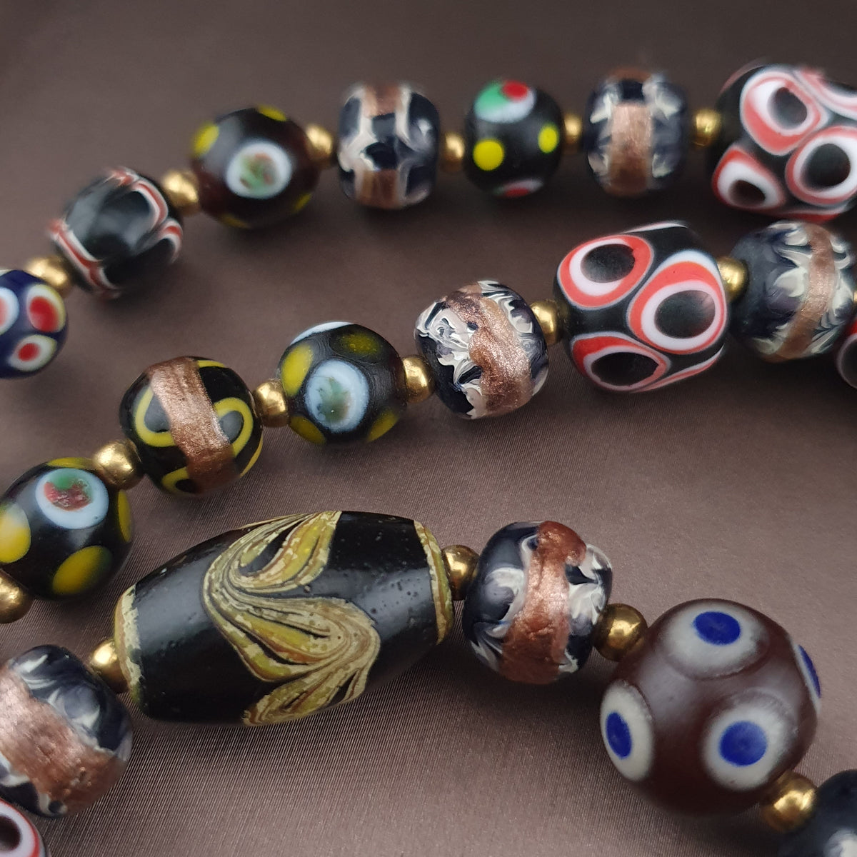 Antique Venetian Style Skunk Eyes & Mix Glass Beads Necklace