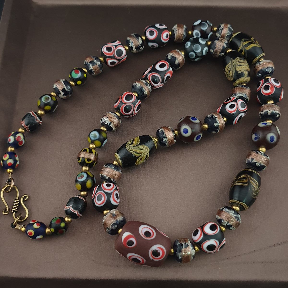 Antique Venetian Style Skunk Eyes & Mix Glass Beads Necklace