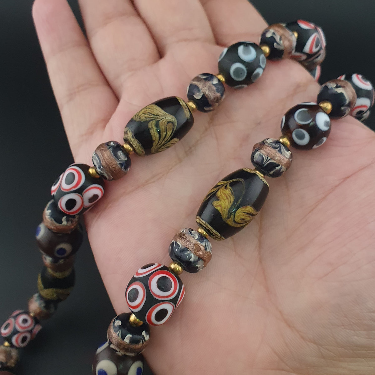Antique Venetian Style Skunk Eyes & Mix Glass Beads Necklace