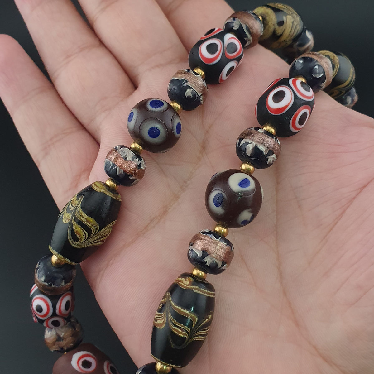 Antique Venetian Style Skunk Eyes & Mix Glass Beads Necklace
