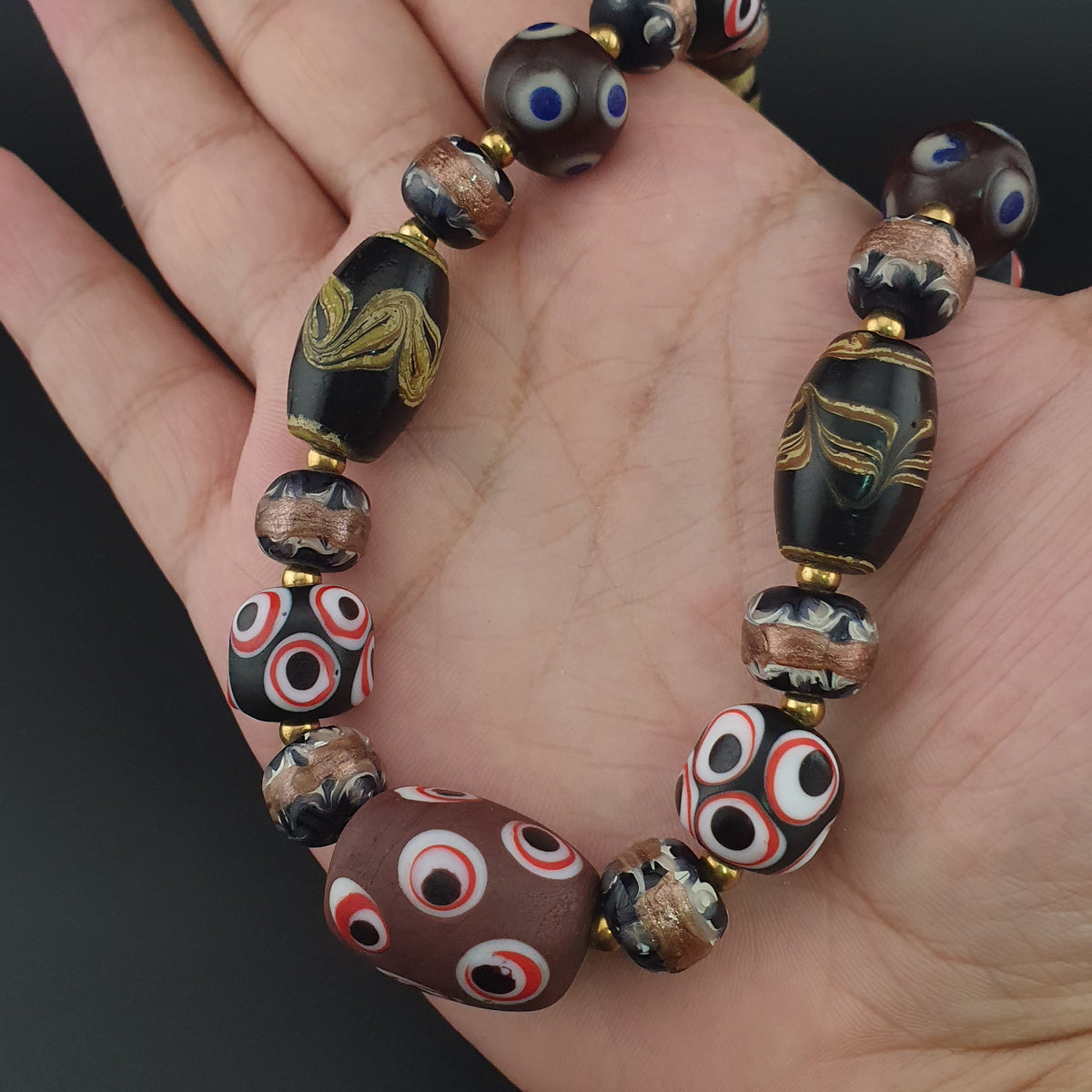 Antique Venetian Style Skunk Eyes & Mix Glass Beads Necklace