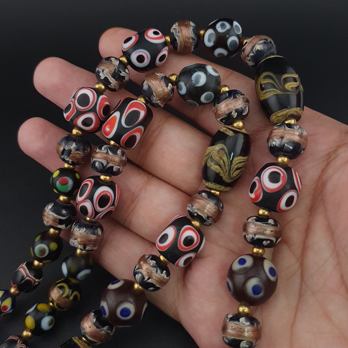 Antique Venetian Style Skunk Eyes & Mix Glass Beads Necklace