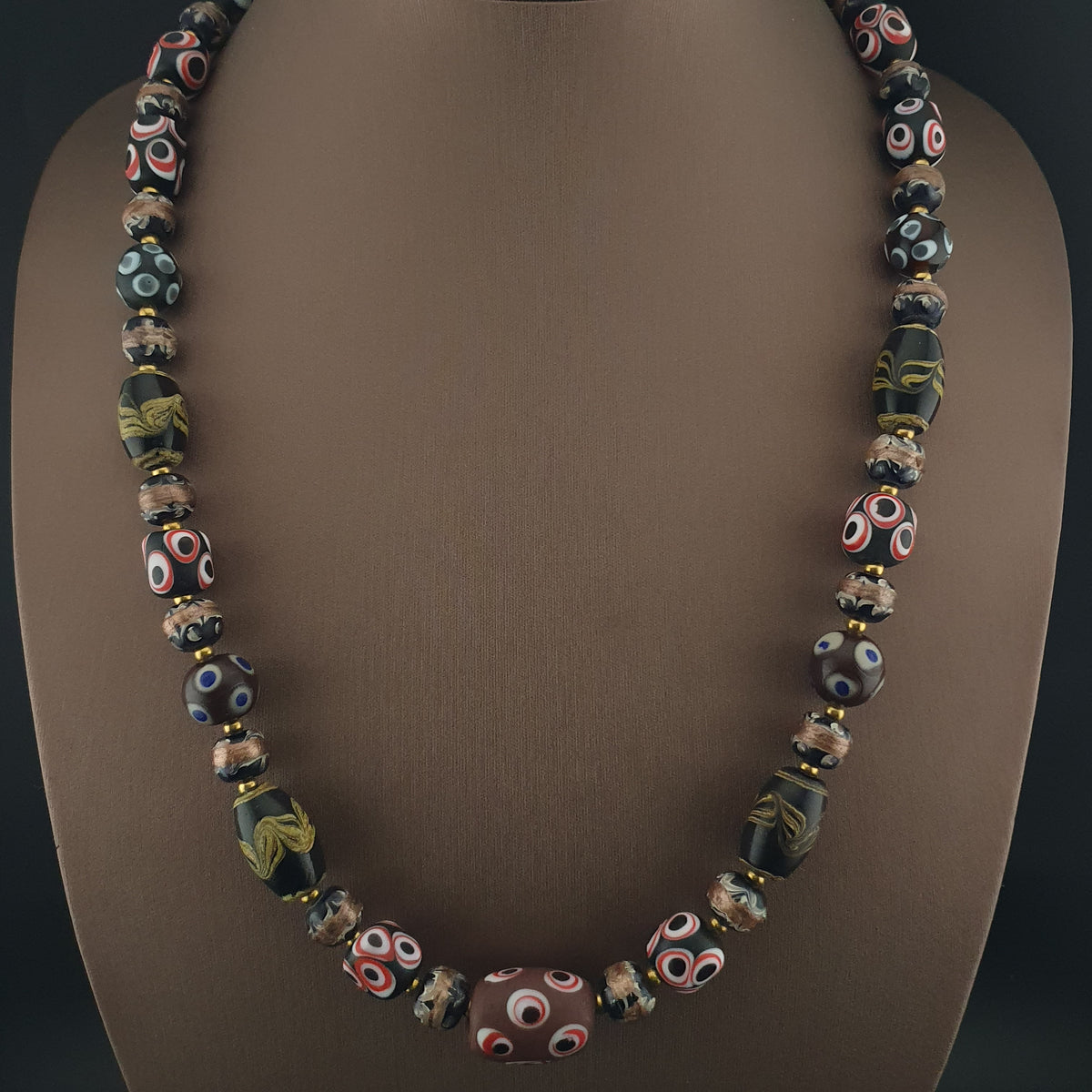 Antique Venetian Style Skunk Eyes & Mix Glass Beads Necklace