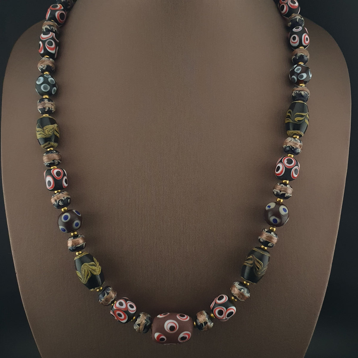 Antique Venetian Style Skunk Eyes & Mix Glass Beads Necklace